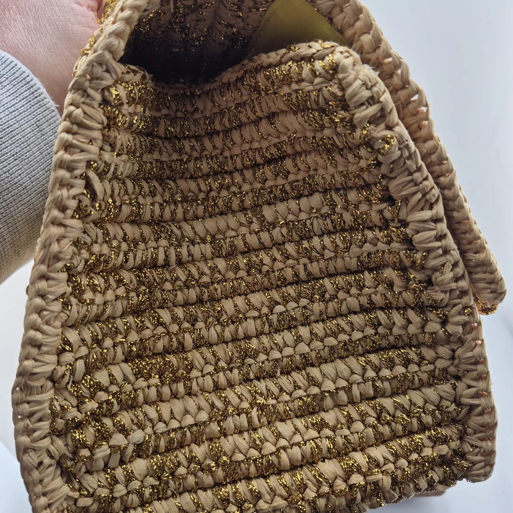 Woven Straw Top-Handle Bag in Gold and Cream